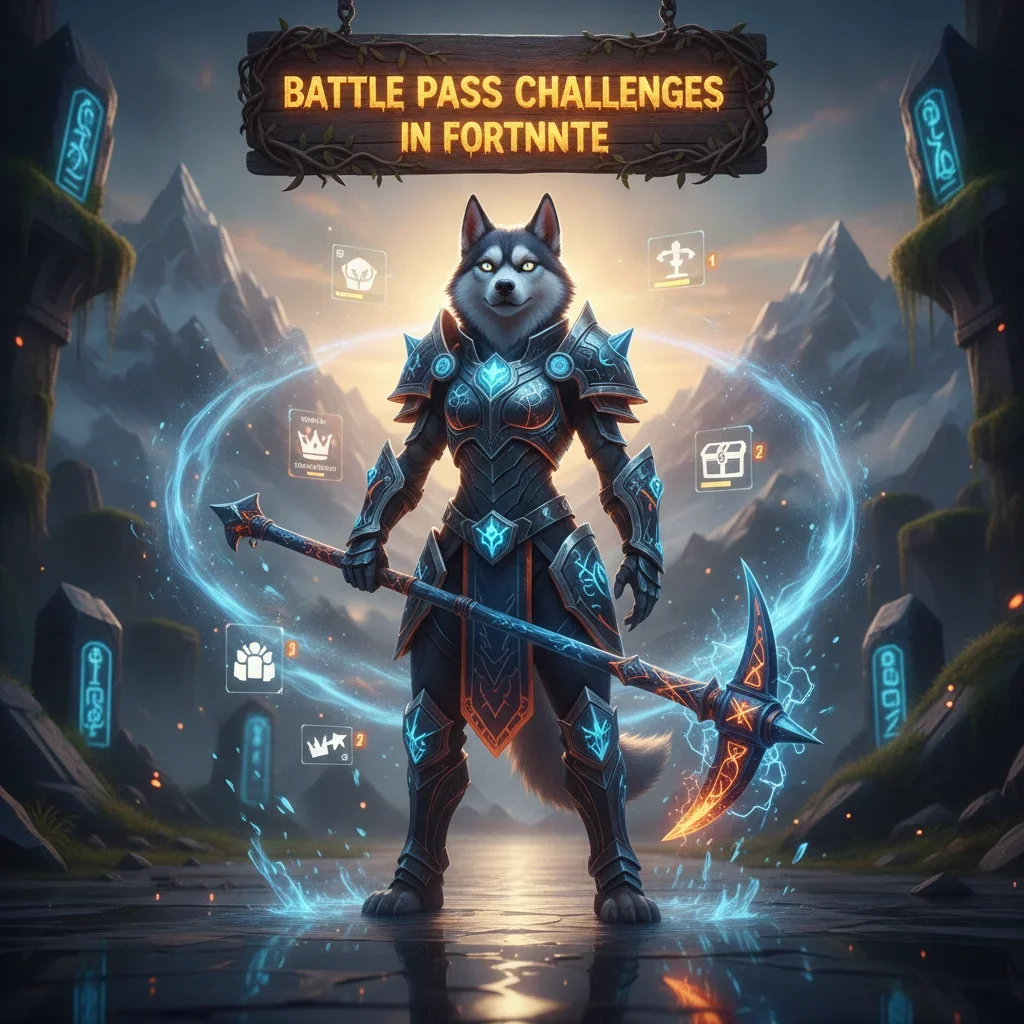 Anthropomorphic Husky in fantasy armor, themed around Fortnite Battle Pass challenges and seasonal objectives.