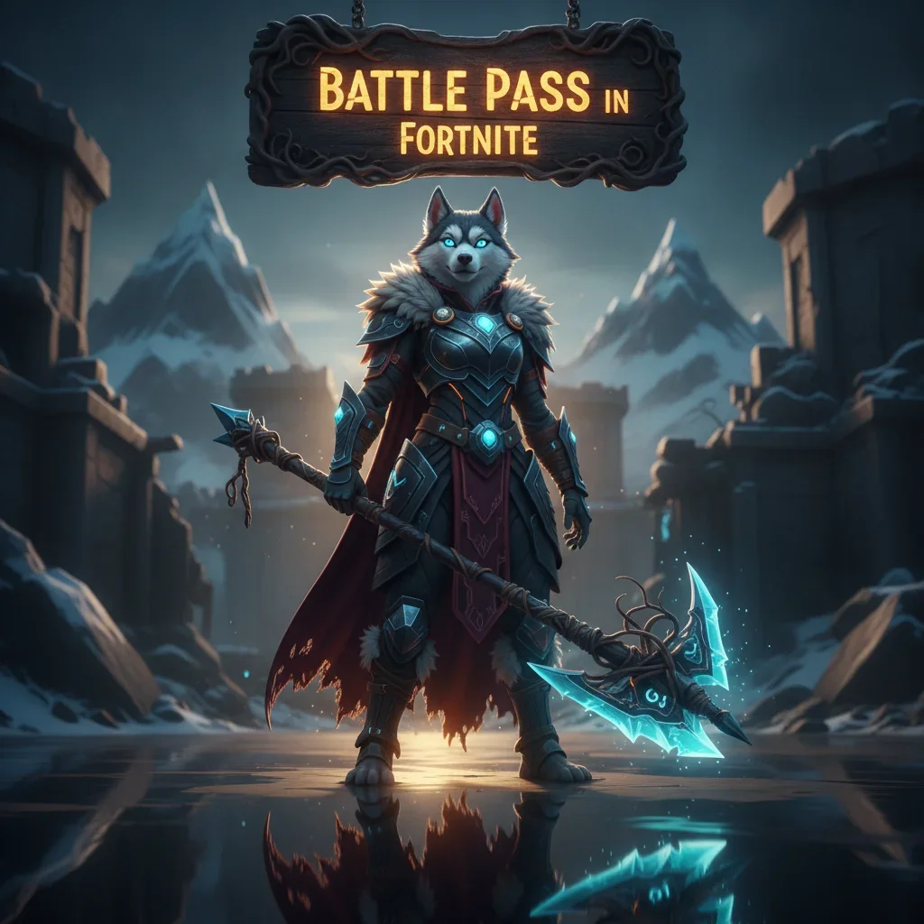 An anthropomorphic Husky character in fantasy attire, against a game-inspired background related to Battle Pass objectives.