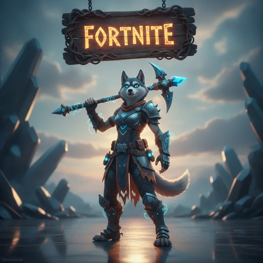 A fantasy game-inspired artwork featuring an anthropomorphic husky character in a themed outfit, representing Fortnite objectives.