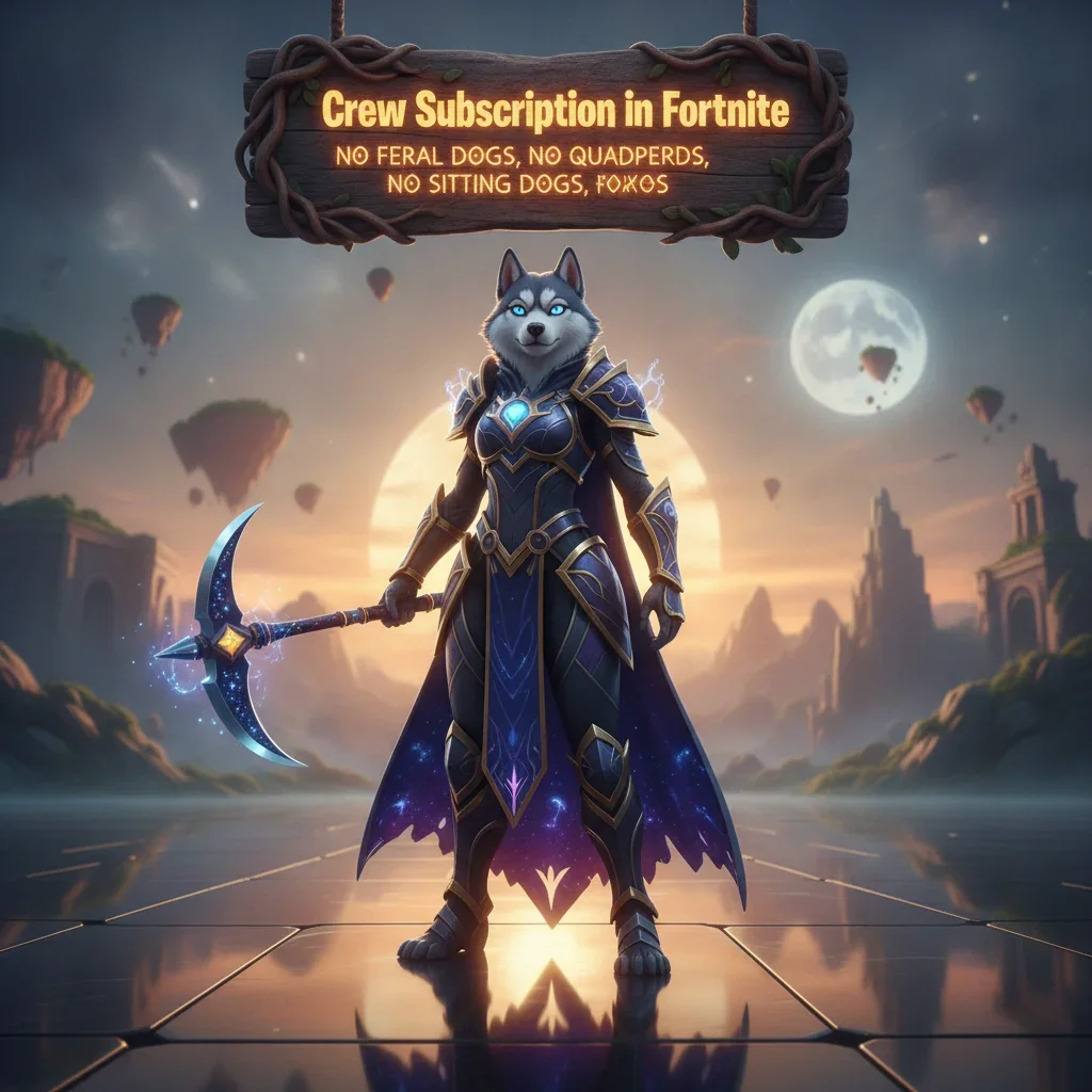 Fantasy game-inspired artwork featuring an anthropomorphic Husky character, themed around Fortnite Crew subscription content and objectives.