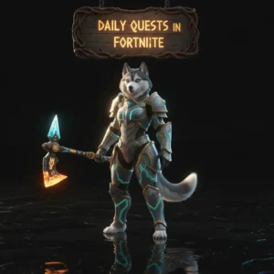 A fantasy game-inspired image featuring an anthropomorphic Husky character in themed attire, representing Fortnite Daily Quests.