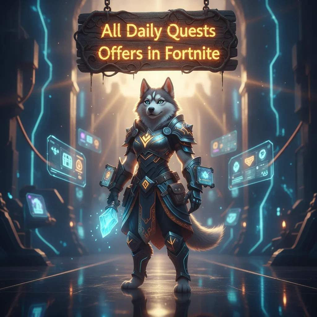 Fantasy artwork of an anthropomorphic Husky in themed attire, representing Fortnite daily quest objectives.