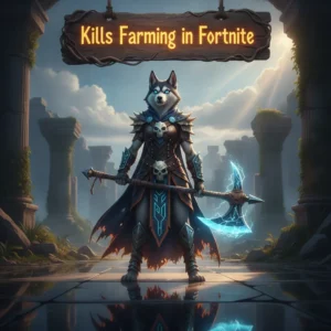 Fantasy artwork featuring an anthropomorphic husky in themed attire, inspired by Fortnite kills farming objectives and battle royale challenges.