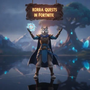 Fantasy game-inspired artwork featuring an anthropomorphic husky character in a themed outfit, related to Fortnite Korra quests.