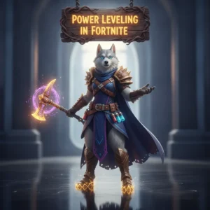 Fantasy game-inspired artwork featuring an anthropomorphic husky character, themed around power leveling and progression.