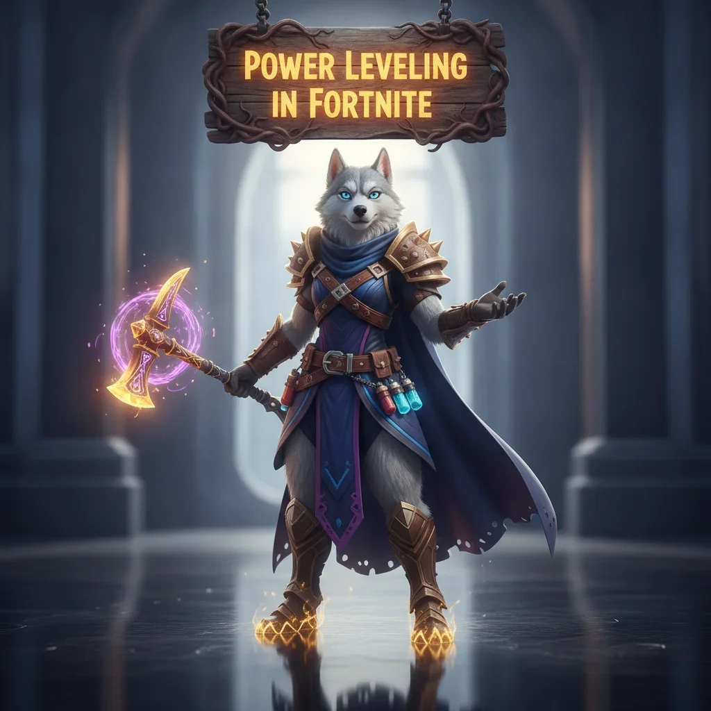 Fantasy game-inspired artwork featuring an anthropomorphic husky character, themed around power leveling and progression.