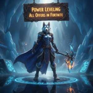 A fantasy game-inspired image with an anthropomorphic Husky character in armor, representing Fortnite power leveling.