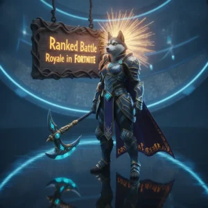 A fantasy game-inspired artwork featuring an anthropomorphic husky character in an epic, vibrant game world, representing Fortnite Ranked Battle Royale boosting.