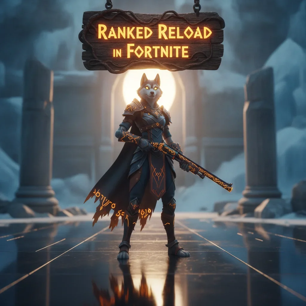 An anthropomorphic husky character in fantasy armor, with a background representing game-inspired ranked progression content.