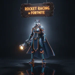 Fantasy artwork of an anthropomorphic Husky character themed around Fortnite Rocket Racing boost content and objectives.