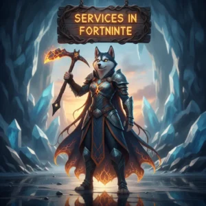 A fantasy game-inspired artwork featuring an anthropomorphic husky character in a themed environment, representing Fortnite services and content.