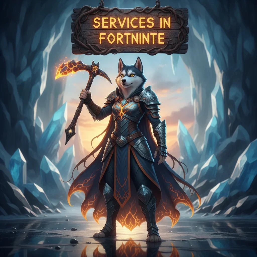 A fantasy game-inspired artwork featuring an anthropomorphic husky character in a themed environment, representing Fortnite services and content.