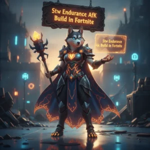 A fantasy game-inspired image featuring an anthropomorphic Husky character in a themed outfit, related to Fortnite Save the World Endurance content and AFK build objectives.