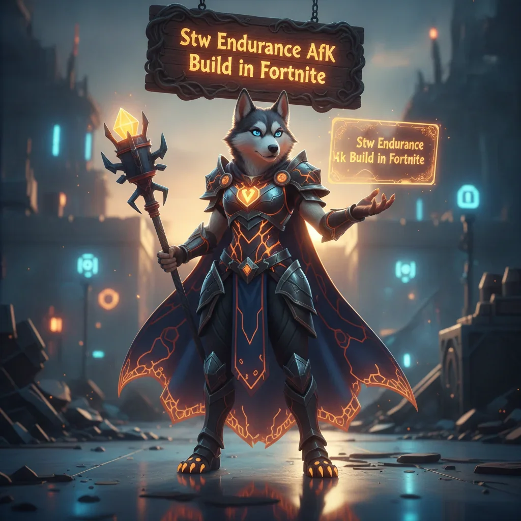 A fantasy game-inspired image featuring an anthropomorphic Husky character in a themed outfit, related to Fortnite Save the World Endurance content and AFK build objectives.