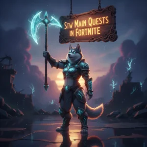 A fantasy game-inspired image with an anthropomorphic husky character in an adventurer's outfit, surrounded by ethereal energy, representing Fortnite Save the World main quest objectives and progression.