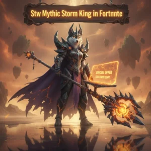 Anthropomorphic Husky character in fantasy armor, themed around Fortnite Save the World's Mythic Storm King challenges.