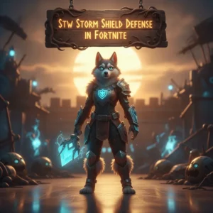 An anthropomorphic Husky character in fantasy armor, surrounded by energetic visual effects, representing the Storm Shield Defense challenge in Fortnite StW.