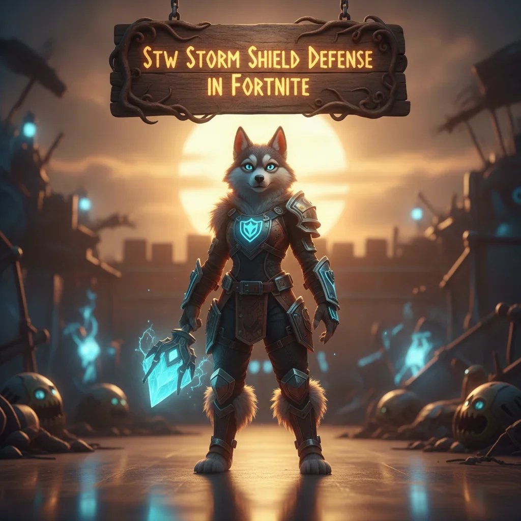 An anthropomorphic Husky character in fantasy armor, surrounded by energetic visual effects, representing the Storm Shield Defense challenge in Fortnite StW.