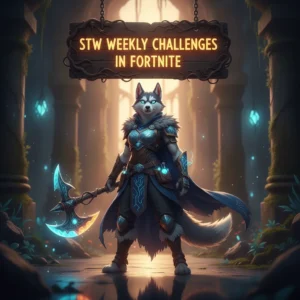 Fantasy artwork featuring an anthropomorphic Husky character, themed around Fortnite Save the World weekly challenges.
