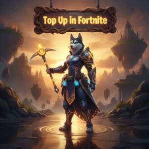 Fantasy game-inspired artwork featuring an anthropomorphic Husky character, themed around Fortnite Top Up content and objectives.