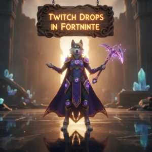 Fantasy game-inspired artwork featuring an anthropomorphic Husky character, themed around Fortnite Twitch Drops.