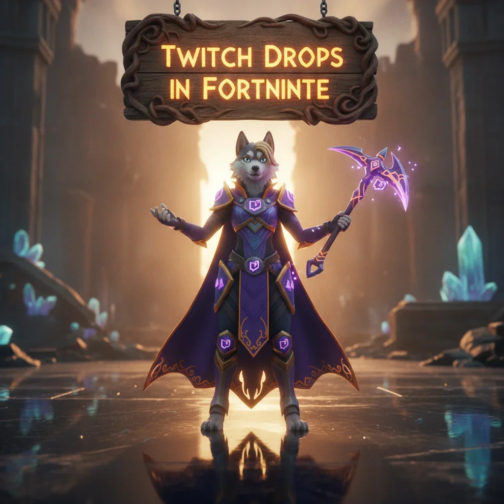 Fantasy game-inspired artwork featuring an anthropomorphic Husky character, themed around Fortnite Twitch Drops.