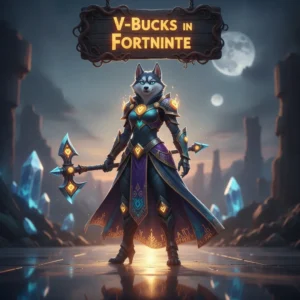 Fantasy artwork featuring an anthropomorphic Husky character, themed around Fortnite V-Bucks acquisition and content.