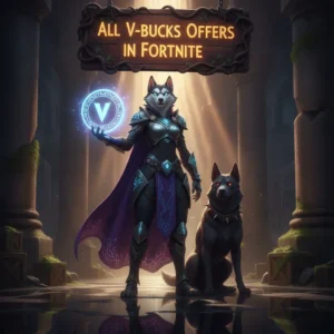 Fantasy game-inspired artwork featuring an anthropomorphic husky character in a themed outfit, related to Fortnite V-Bucks content.