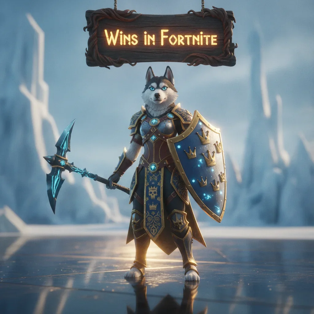Fantasy artwork of an anthropomorphic husky character in a themed outfit, representing Fortnite wins and battle royale achievements.