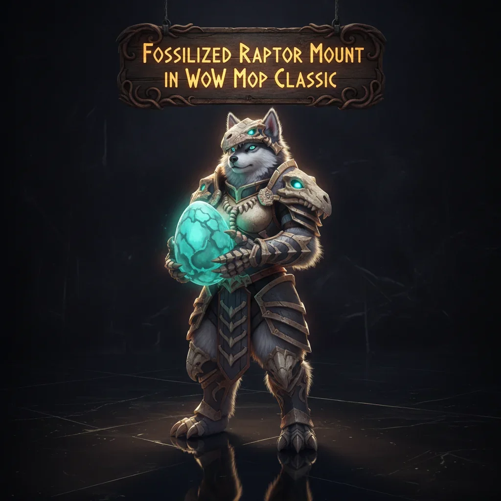 An anthropomorphic Husky character riding a fossilized raptor mount, themed around World of Warcraft Mists of Pandaria Classic content.