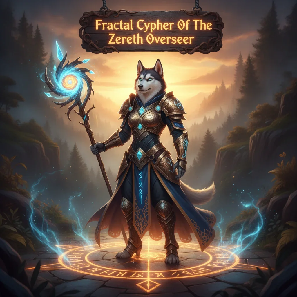 Fantasy artwork featuring an anthropomorphic husky in ornate armor, set in a cosmic game environment. Related to World of Warcraft's Zereth Overseer content and Fractal Cypher acquisition.
