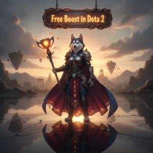 An anthropomorphic Husky character in fantasy armor, representing free boost content and objectives in a Dota 2 inspired setting.