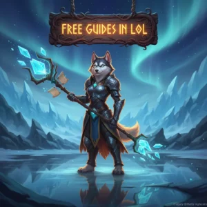 An anthropomorphic husky character in fantasy attire, against a game-inspired background related to League of Legends guides and strategy.