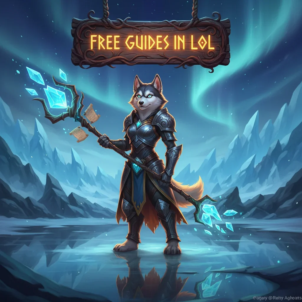 An anthropomorphic husky character in fantasy attire, against a game-inspired background related to League of Legends guides and strategy.