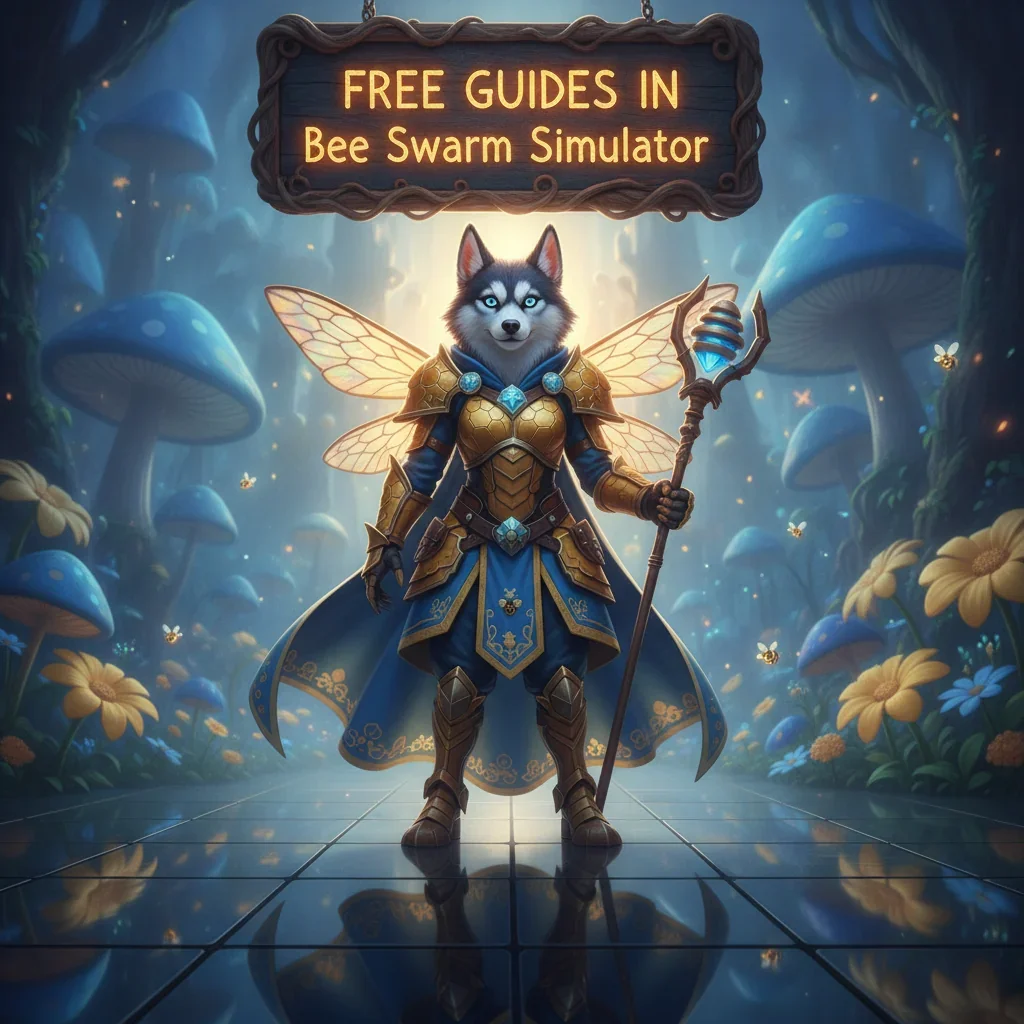 Artwork featuring an anthropomorphic husky in a fantasy setting, themed around Bee Swarm Simulator free guides.