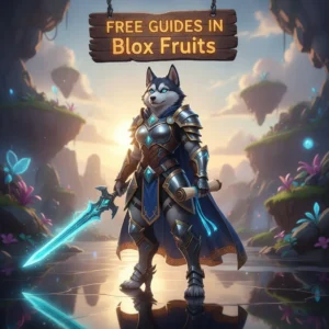 An anthropomorphic Husky character in a fantasy setting, representing guides and content for the game Blox Fruits.
