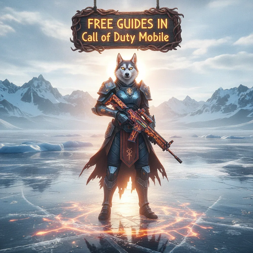 Fantasy artwork featuring an anthropomorphic Husky character, themed around Call of Duty Mobile guides and game content.
