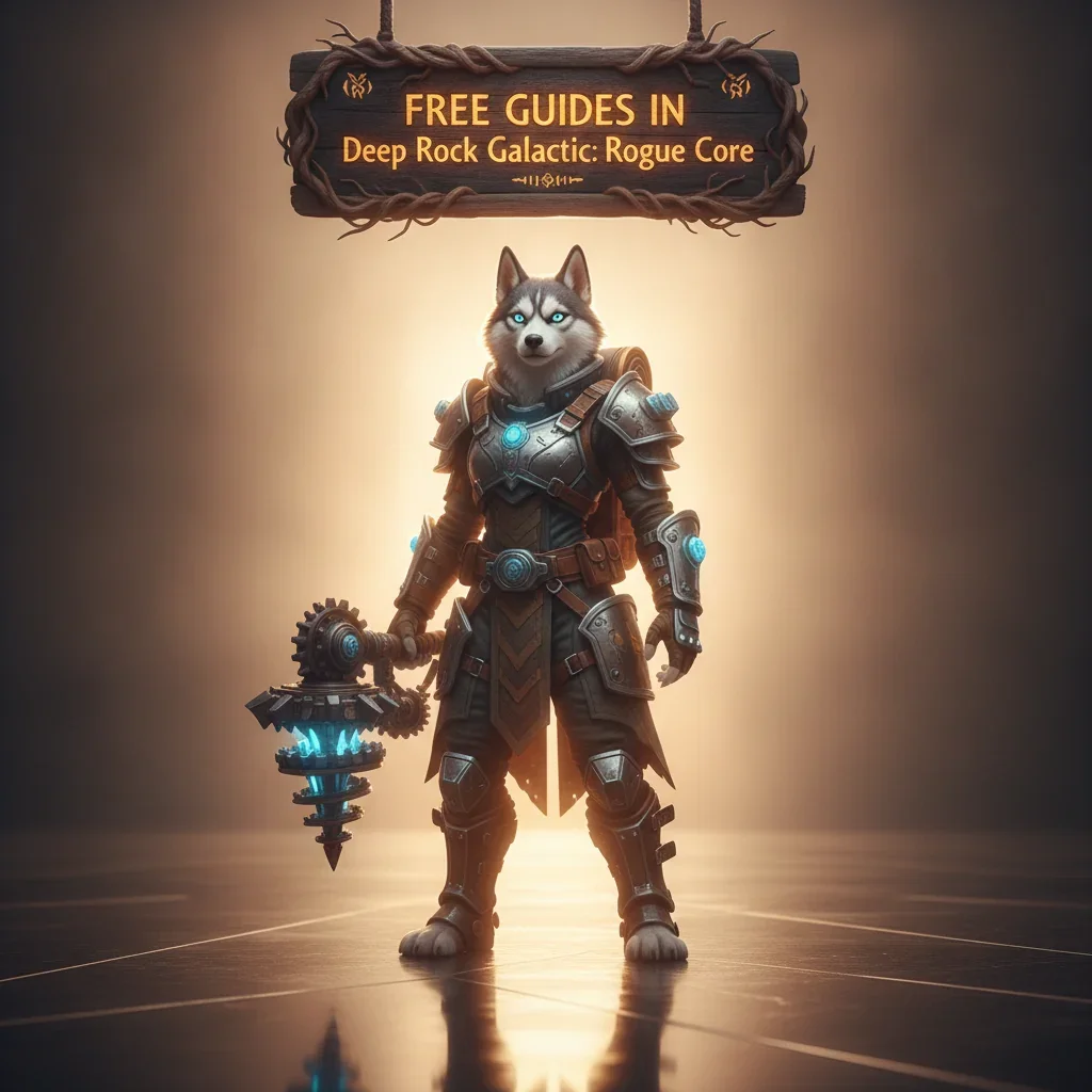 Fantasy game-inspired artwork featuring an anthropomorphic husky character in a themed outfit, related to Deep Rock Galactic: Rogue Core guides.