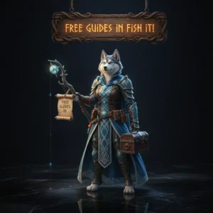 An anthropomorphic husky character in a fantasy setting, representing helpful game guides and content for players.