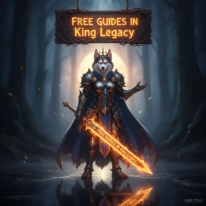 Fantasy artwork featuring an anthropomorphic Husky character, themed around King Legacy guides and game content.