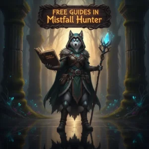 A fantasy game-inspired image featuring an anthropomorphic husky in themed attire, surrounded by elements reflecting game guides.