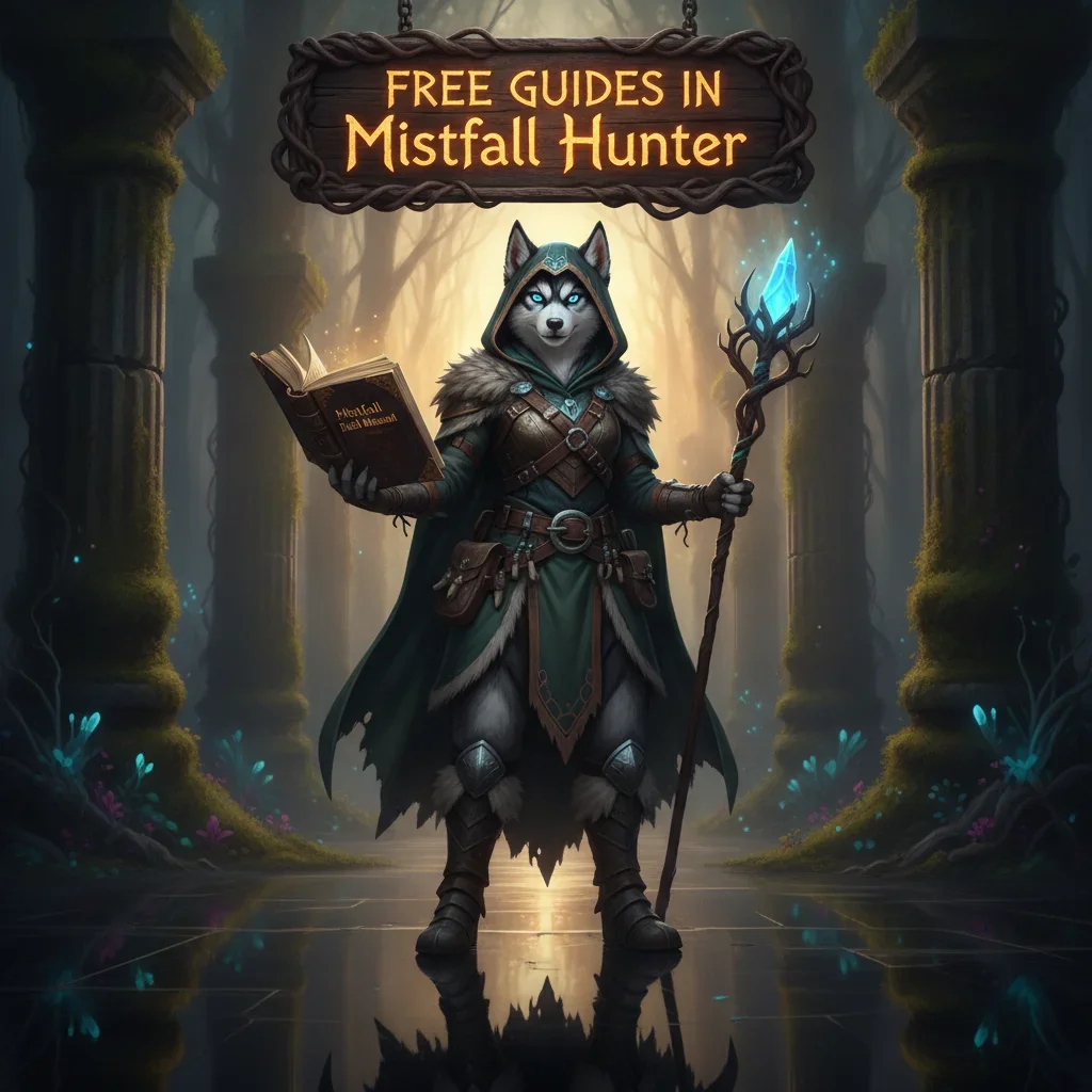 A fantasy game-inspired image featuring an anthropomorphic husky in themed attire, surrounded by elements reflecting game guides.