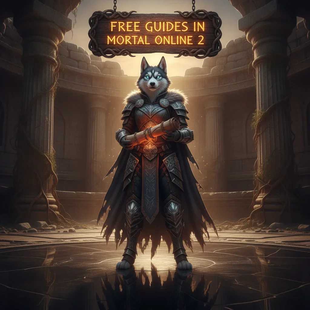 Fantasy game-inspired artwork featuring an anthropomorphic husky character in a themed outfit, related to Mortal Online 2 guides.