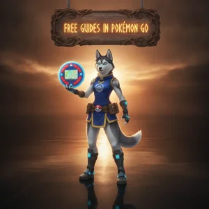 An anthropomorphic Husky character in fantasy armor, themed around free guides and content for Pokémon GO.