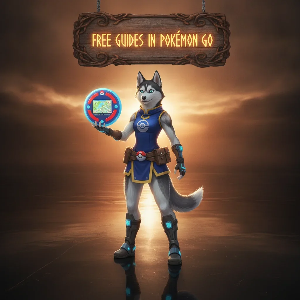 An anthropomorphic Husky character in fantasy armor, themed around free guides and content for Pokémon GO.