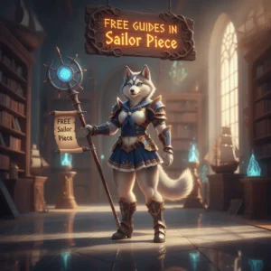 Artwork featuring an anthropomorphic Husky character, dressed in fantasy attire, amidst a game-inspired setting, representing guides and content.