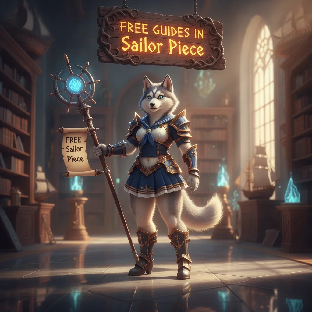 Artwork featuring an anthropomorphic Husky character, dressed in fantasy attire, amidst a game-inspired setting, representing guides and content.