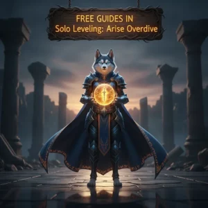 Fantasy game-inspired artwork featuring an anthropomorphic Husky character, themed around guides for Solo Leveling: Arise Overdrive content.
