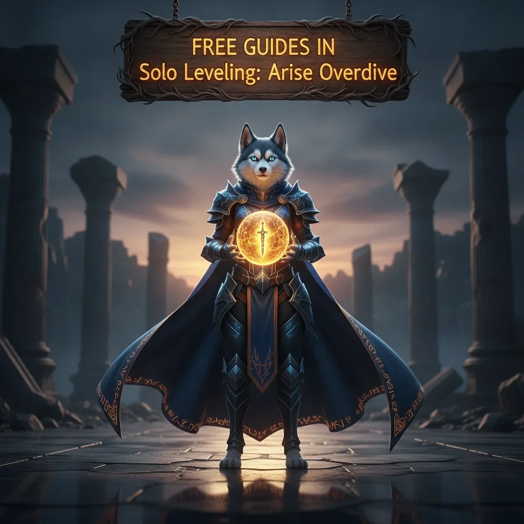 Fantasy game-inspired artwork featuring an anthropomorphic Husky character, themed around guides for Solo Leveling: Arise Overdrive content.