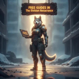 An anthropomorphic Husky character in a futuristic combat uniform, standing in a war-torn city environment, themed around The Division Resurgence guides.